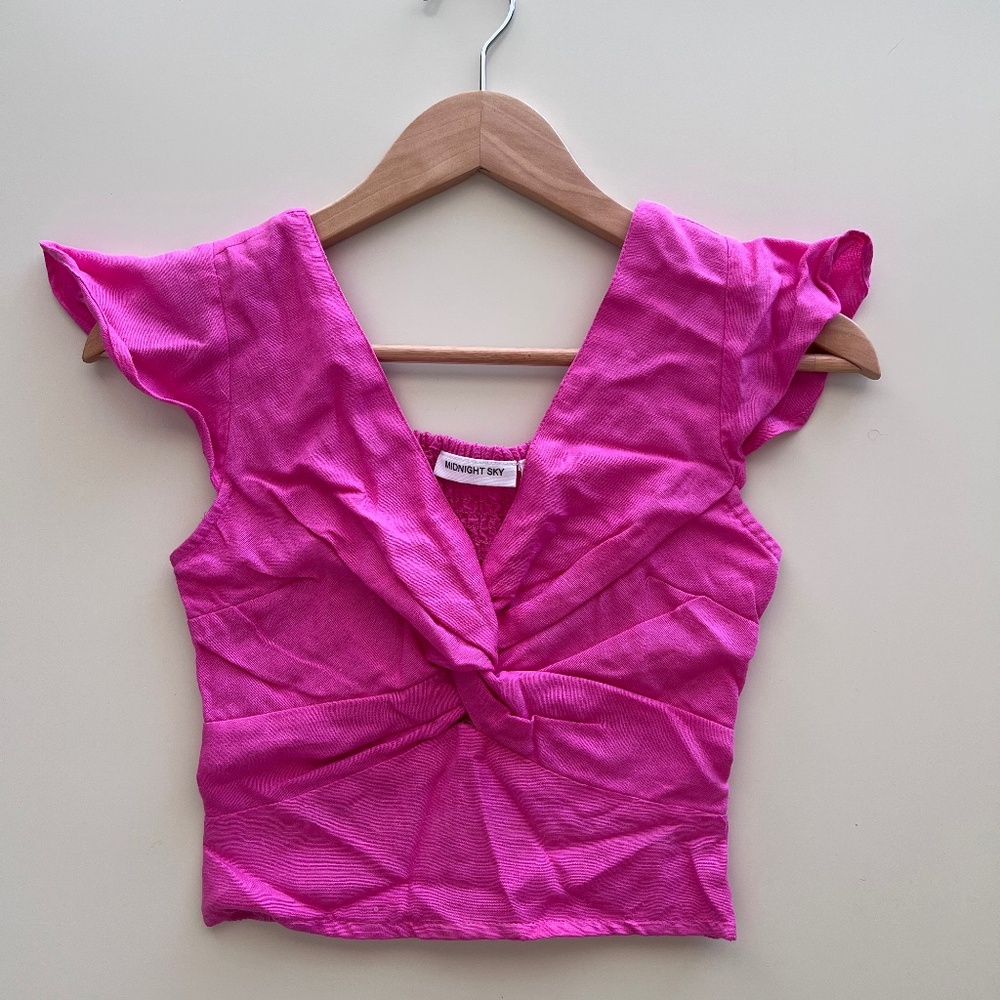 Hot Pink Plunge Neck Crop Top with Ruffled Cap Sleeves